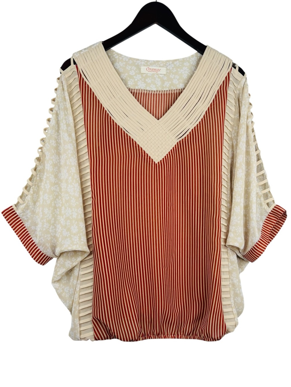 Orange Sheer Floral Cream & Orange Stripe Ladder Cut Shoulder V-Neck Blouse OS